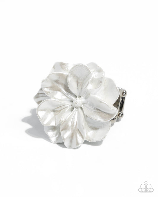 Floral Flex - White Pearly Flower Silver Ring Paparazzi
