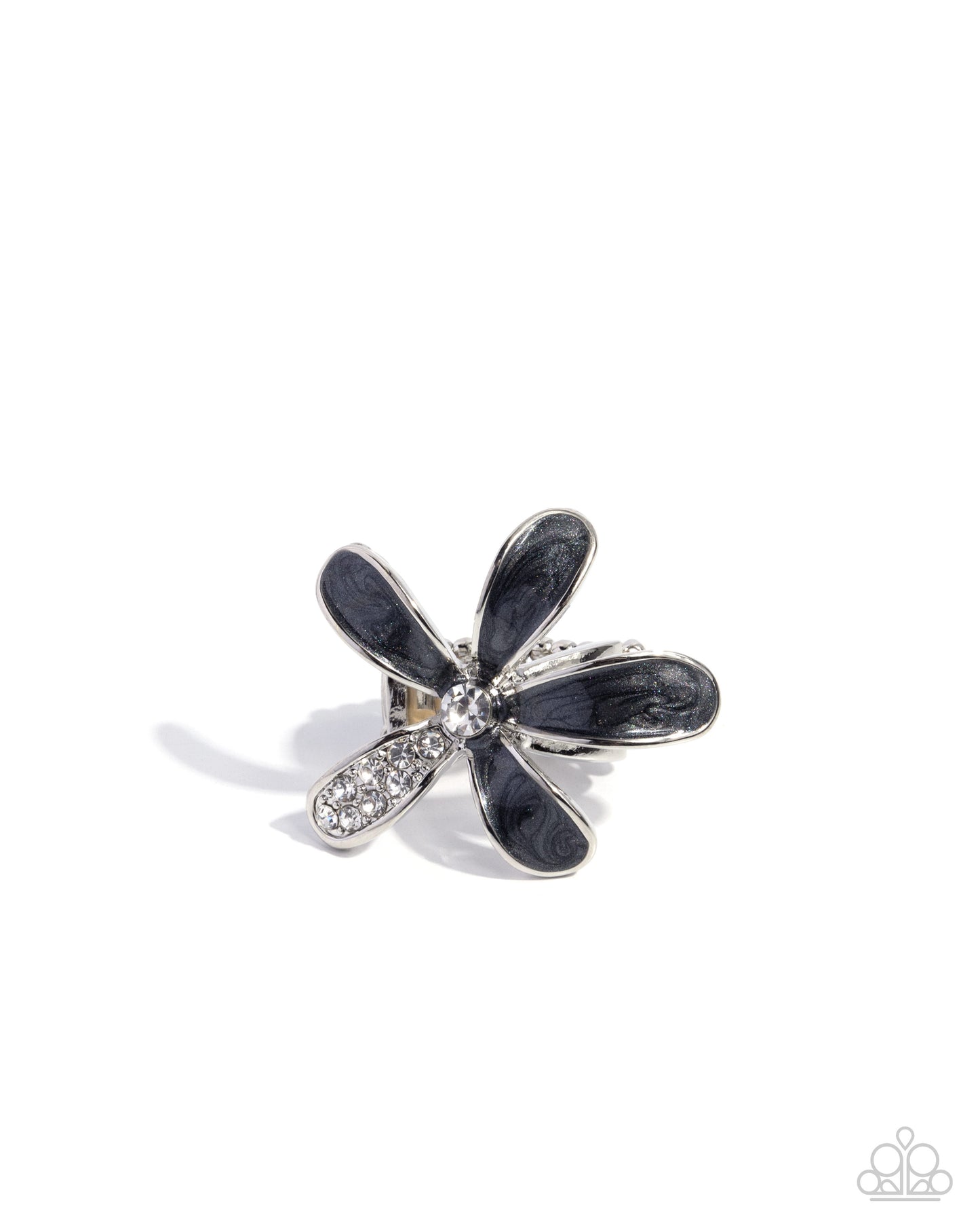Floral Fix - Black Pearlized Paint & White Rhinestone Flower Statement Ring Paparazzi R1058