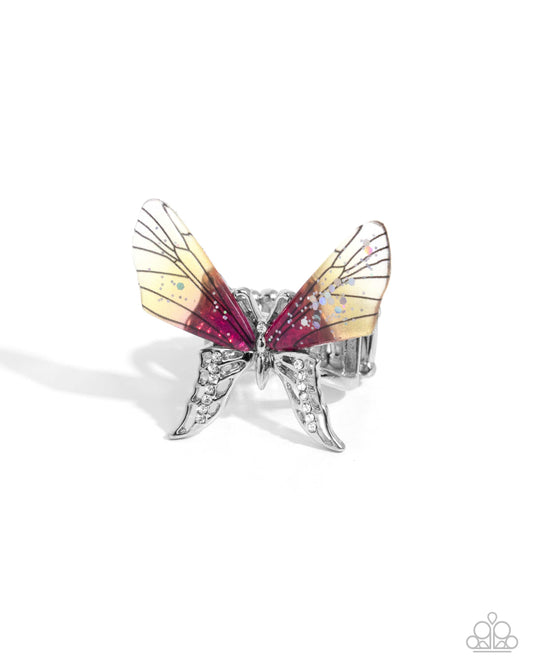 Light Landing - Yellow To Pink Sequined Effect Butterfly Ring Paparazzi R1055