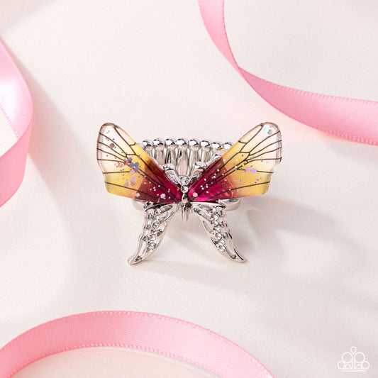 Light Landing - Yellow To Pink Sequined Effect Butterfly Ring Paparazzi R1055