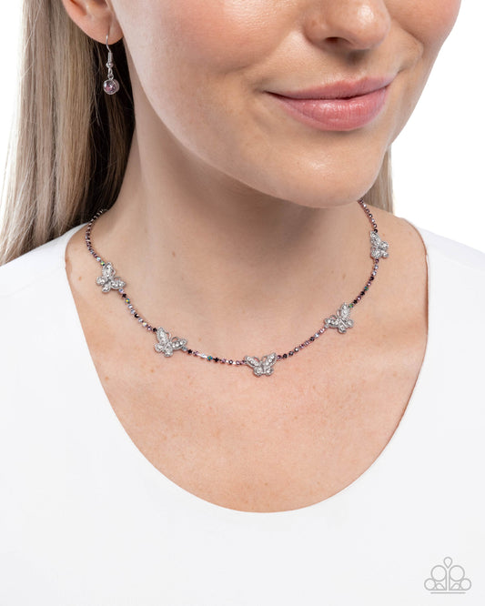 FANCIFUL of Life - Purple Amethyst, Violet & Amethyst Iridescent Rhinestone Silver Butterfly Necklace Paparazzi N3231