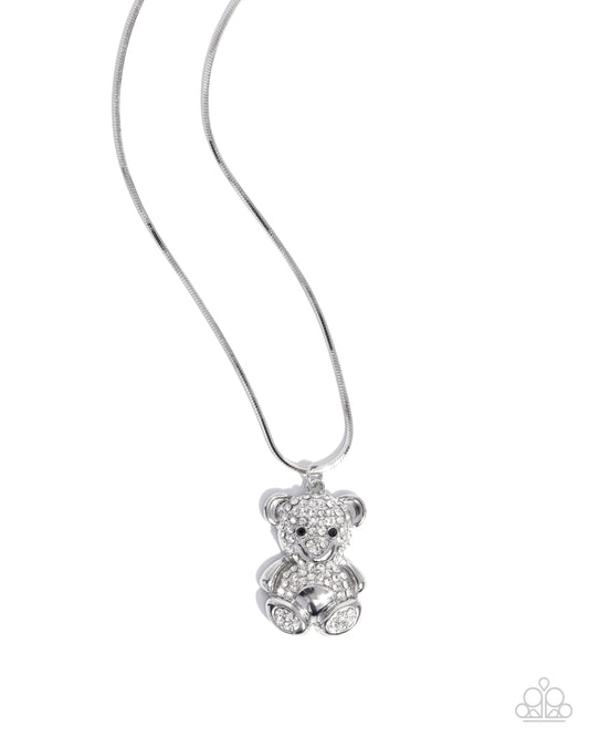 Cuddly Chic - White Rhinestone Silver Bear Charm Necklace Paparazzi