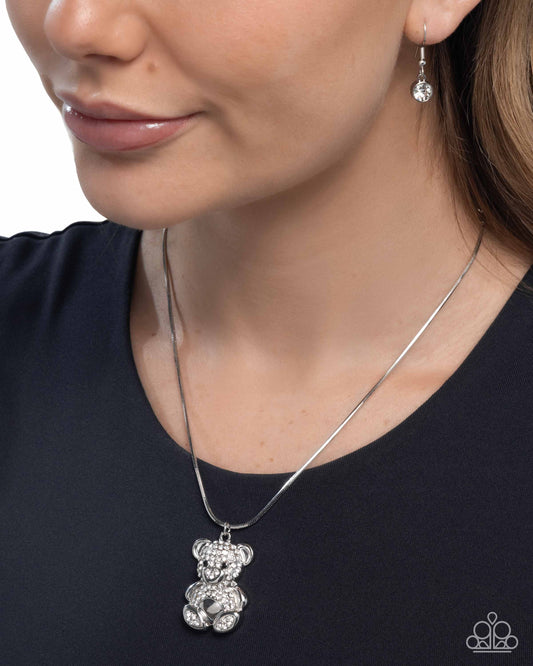 Cuddly Chic - White Rhinestone Silver Bear Charm Necklace Paparazzi