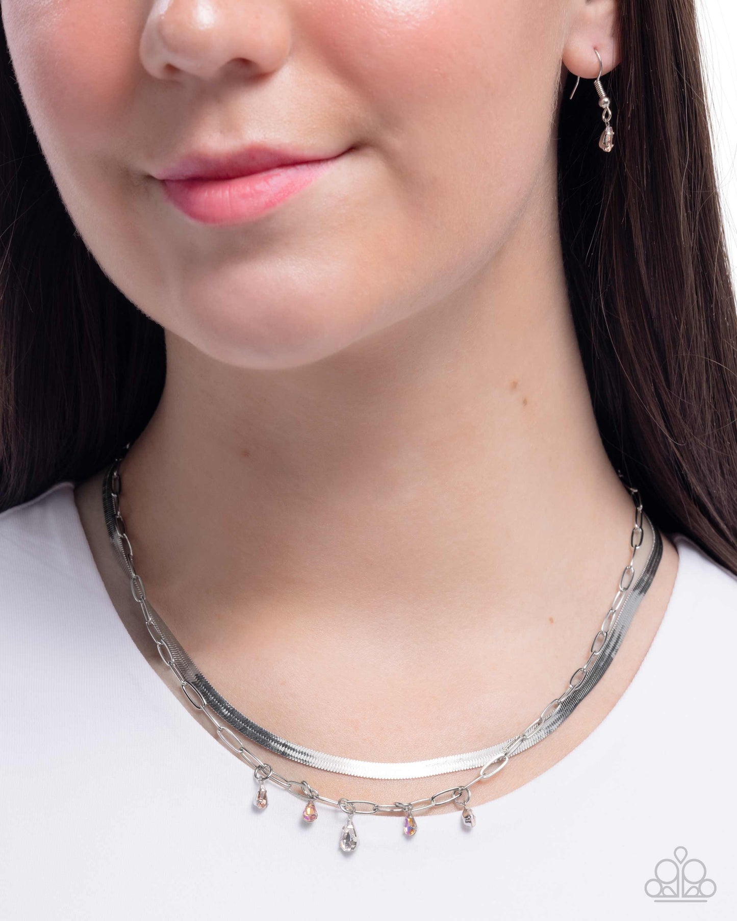 Suave Shimmy - Orange, White, Orange Iridescent Gem Layered Herringbone Chain Necklace Paparazzi N3536