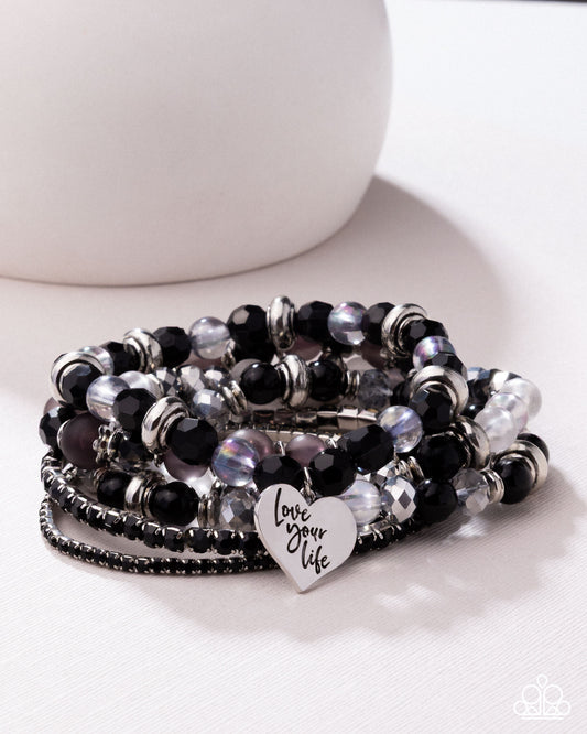 Optimistic Opulence - Black Love Your Life Stack Bracelet Set Of 6 Pink Diamond Exclusive Life Of The Party Paparazzi B2253