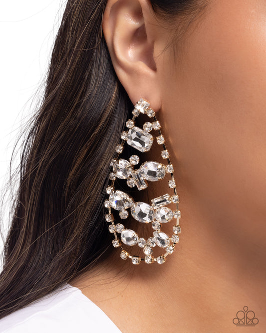 Giant Glitter - Gold & White Rhinestone Dazzling Chandelier Teardrop Earring Paparazzi E2774