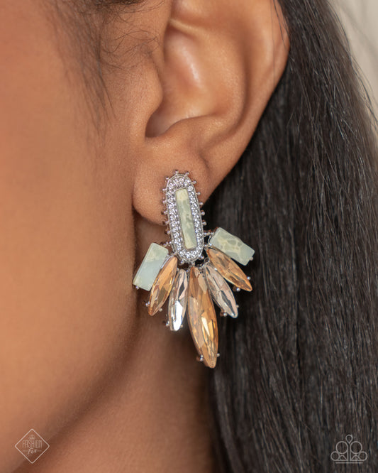 Elegant Excellence - Multi Blue Milky Stone, Champagne & White Gem Post Earring Fiercely 5th Avenue January 2025 Fashion Fix Paparazzi E2845