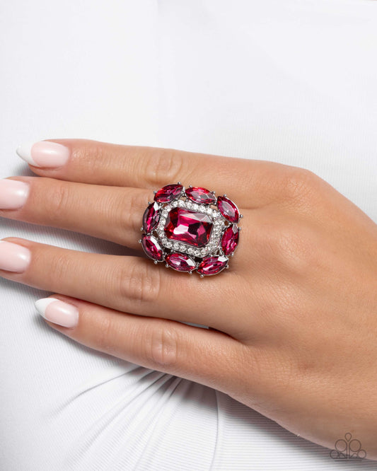 Follow Suit - Pink Fuchsia Marquise Gem & White Rhinestone Statement Ring Paparazzi