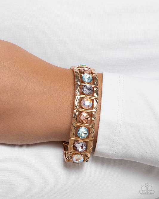 Taking SQUARE Of Business - Multicolored & Iridescent Gem Gold Stretch Bracelet Paparazzi B1996