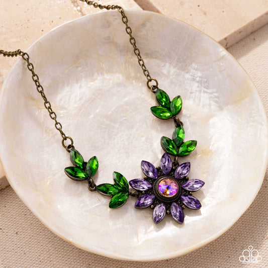 Blossoming Baseline - Brass Chain Purple & Green Gem Floral Necklace Paparazzi N3283