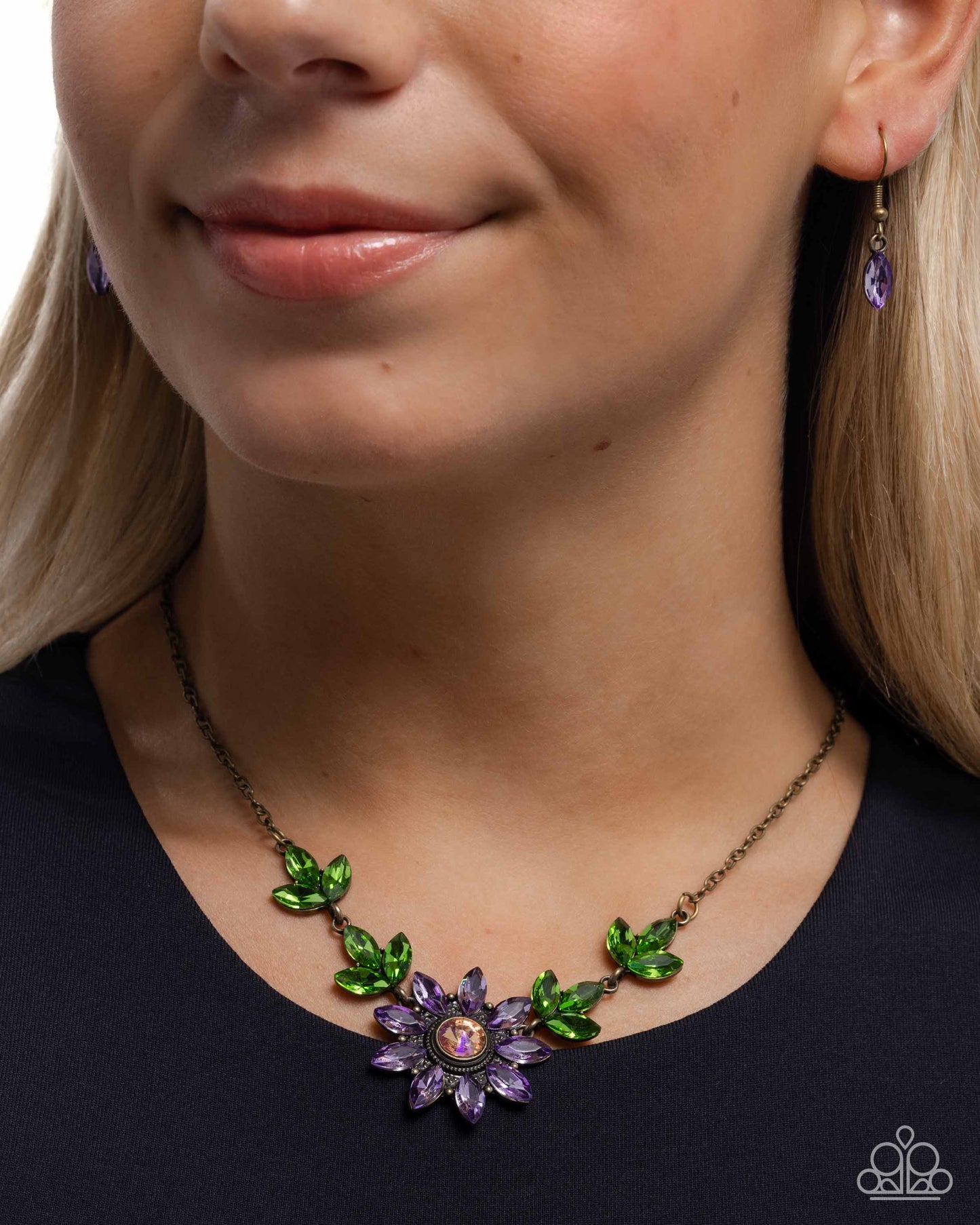 Blossoming Baseline - Brass Chain Purple & Green Gem Floral Necklace Paparazzi N3283