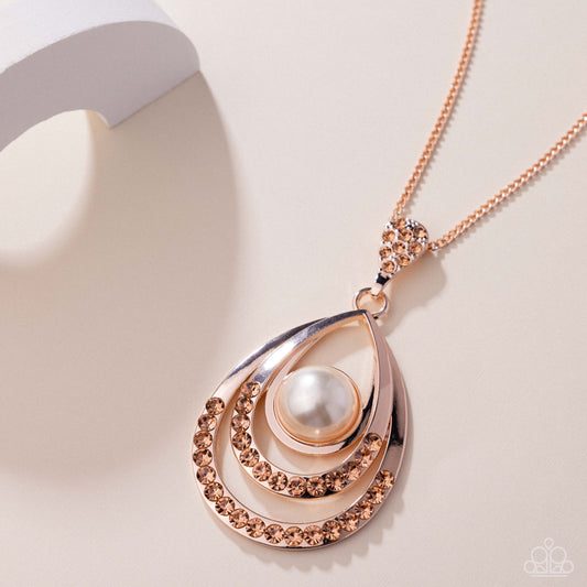 Pure Pearls - Rose Gold & Light Peach Rhinestone & Half Pearl Pendant Necklace Paparazzi N3274