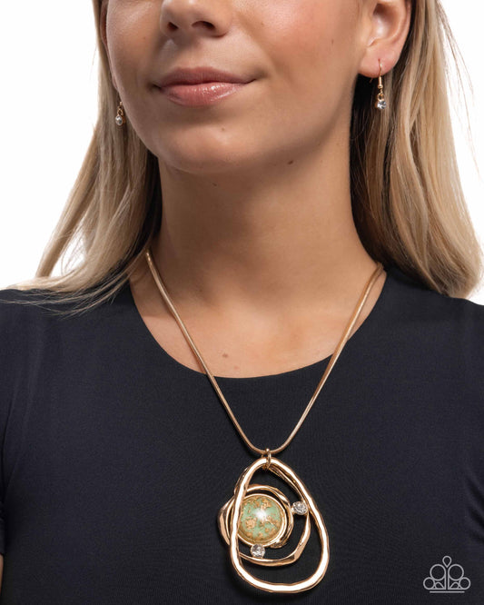 Abstract Advance - Green - Light Green Bead Flecked Gold Foil Necklace Paparazzi N3061