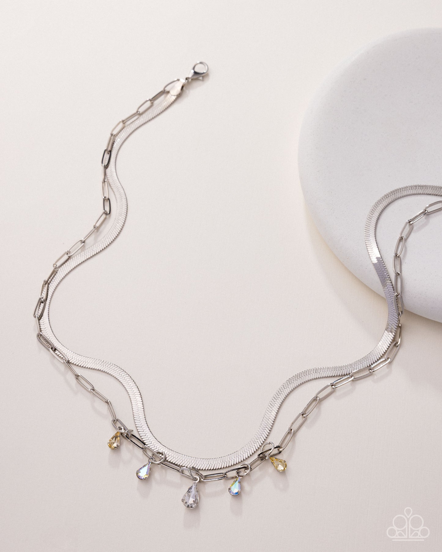 Suave Shimmy - Yellow, White, Yellow Iridescent Teardrop Gem Silver Layered Chain Necklace Paparazzi N3438