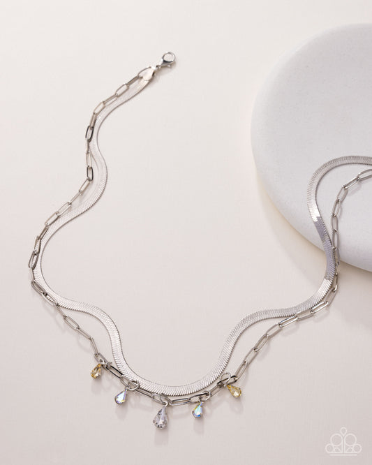 Suave Shimmy - Yellow, White, Yellow Iridescent Teardrop Gem Silver Layered Chain Necklace Paparazzi N3438