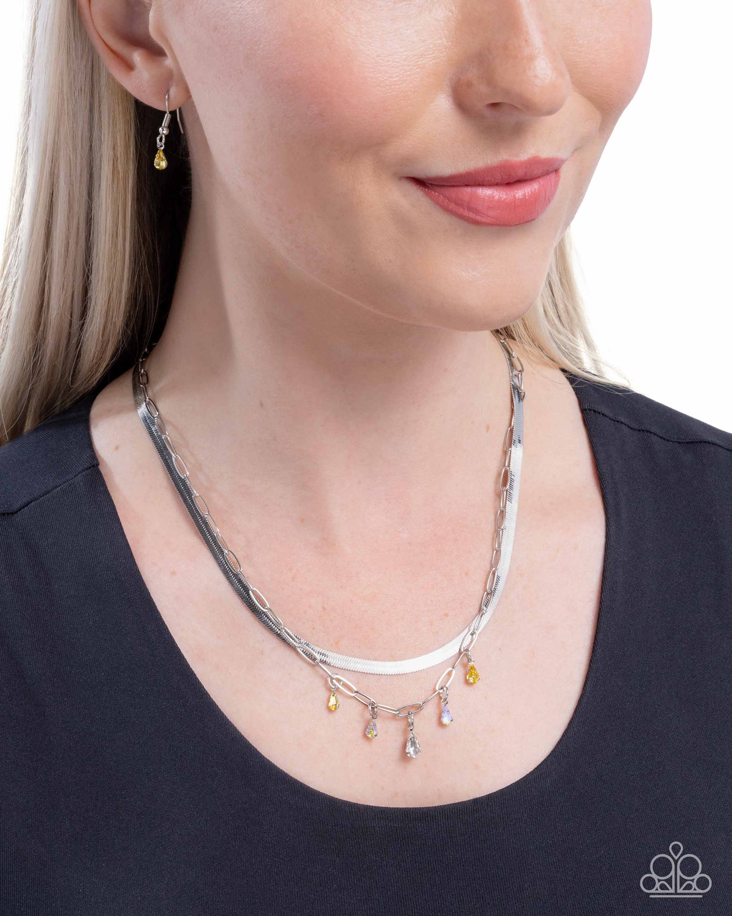 Suave Shimmy - Yellow, White, Yellow Iridescent Teardrop Gem Silver Layered Chain Necklace Paparazzi N3438