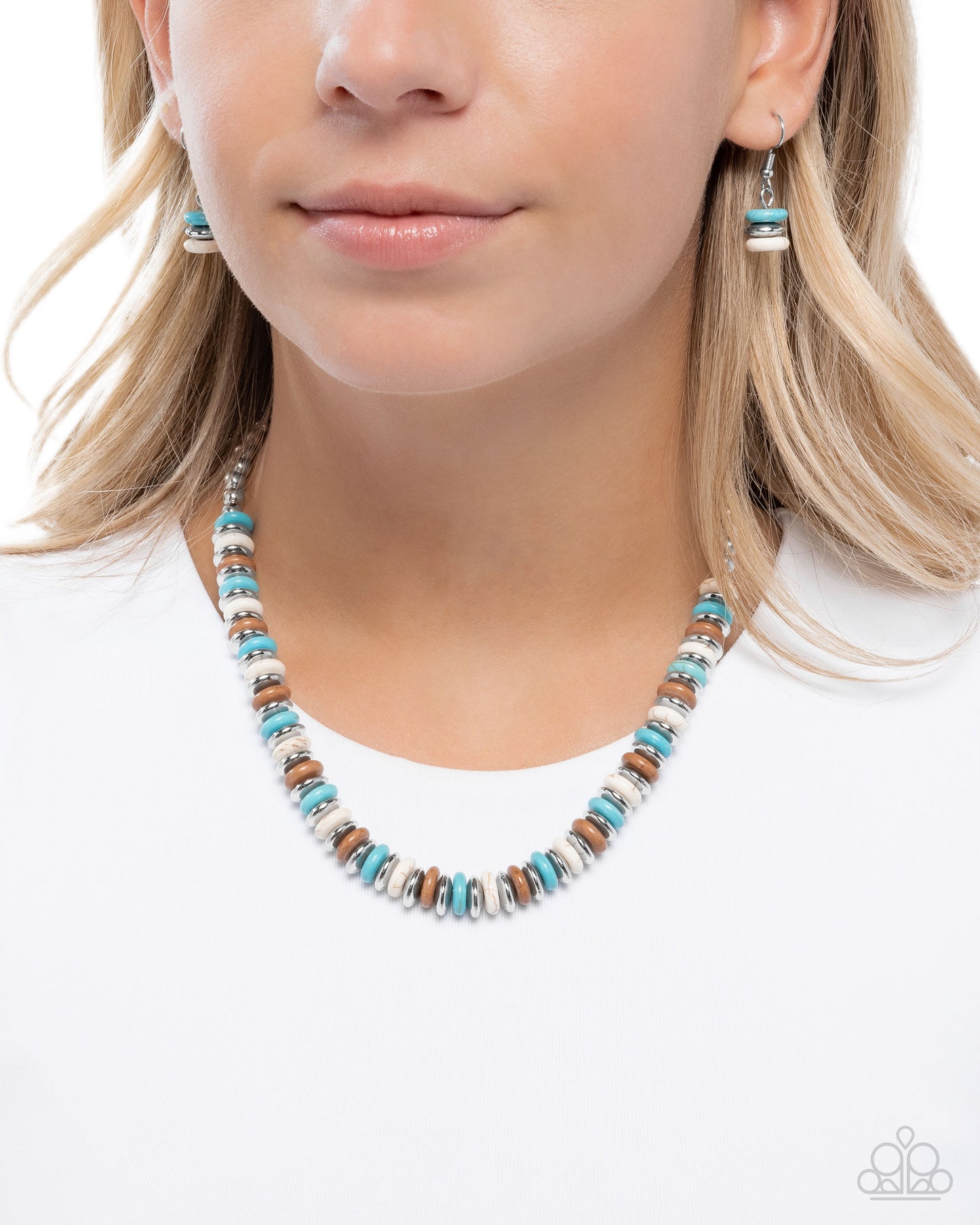 Straightforward Stones - Blue Turquoise, White, Light Brown Stone Santa Fe Style Necklace Paparazzi N3448