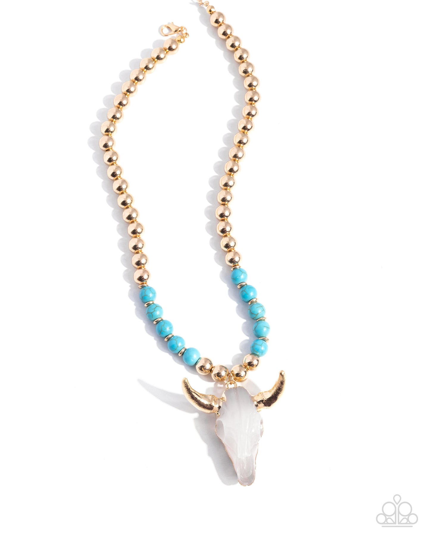 Timeless Texan - Blue Turquoise, Gold Bead Resin Cow Skull Santa Fe Style Necklace Paparazzi N2887