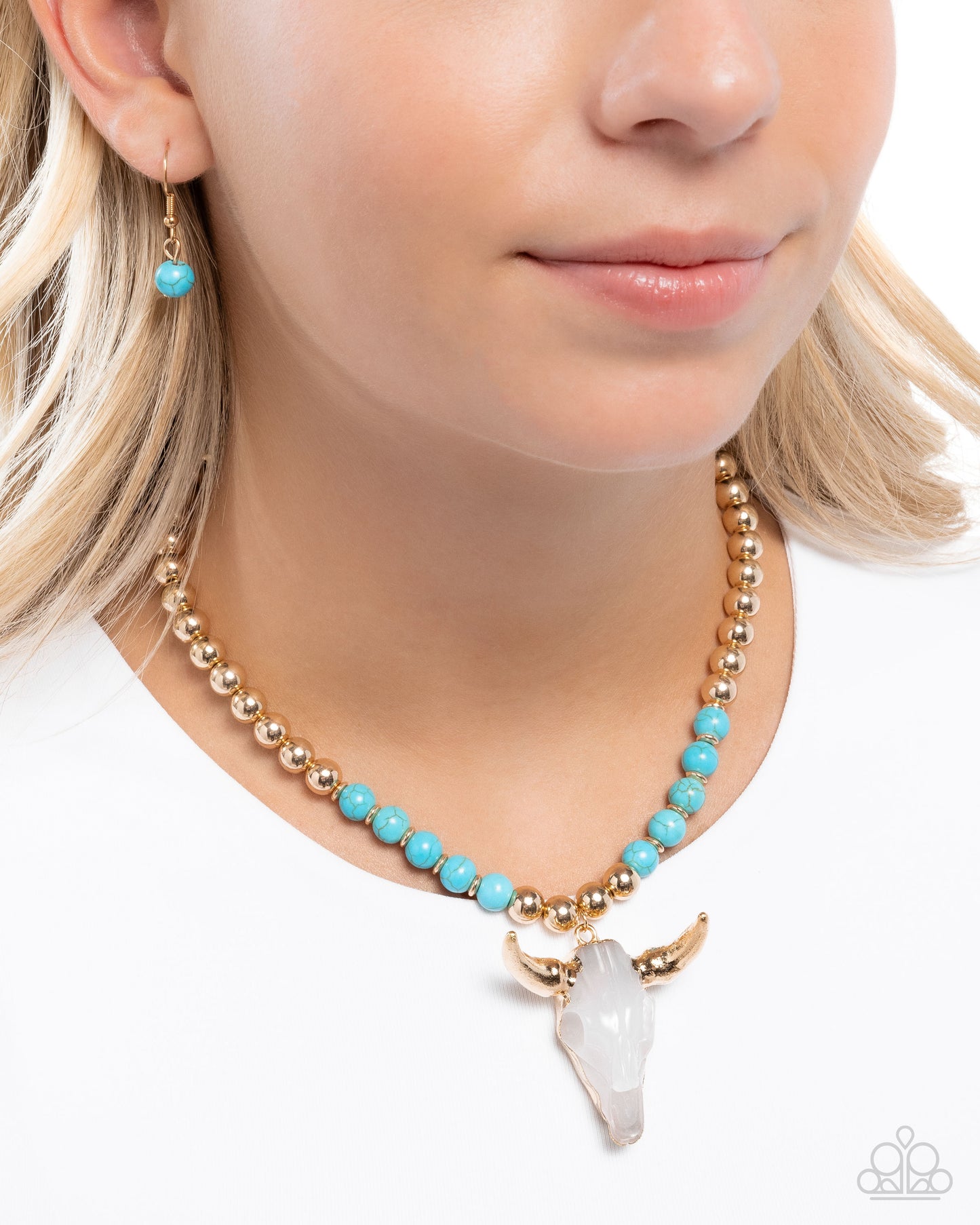 Timeless Texan - Blue Turquoise, Gold Bead Resin Cow Skull Santa Fe Style Necklace Paparazzi N2887