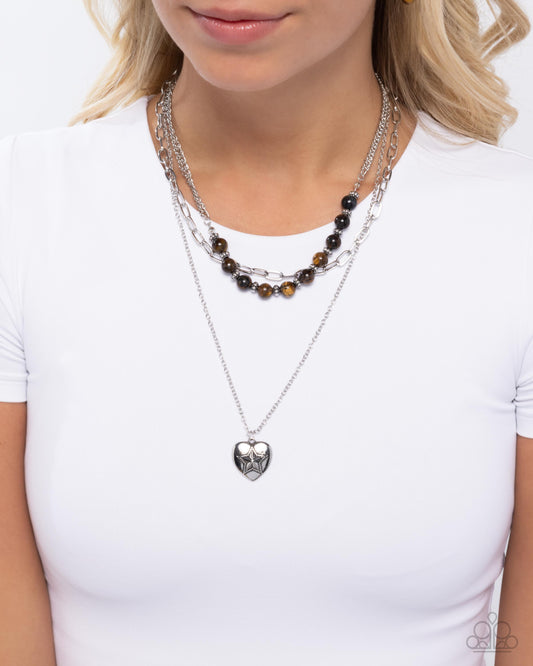 Home Stretch - Brown Tiger's Eye & Silver Bead Layered Heart Necklace Paparazzi N3239