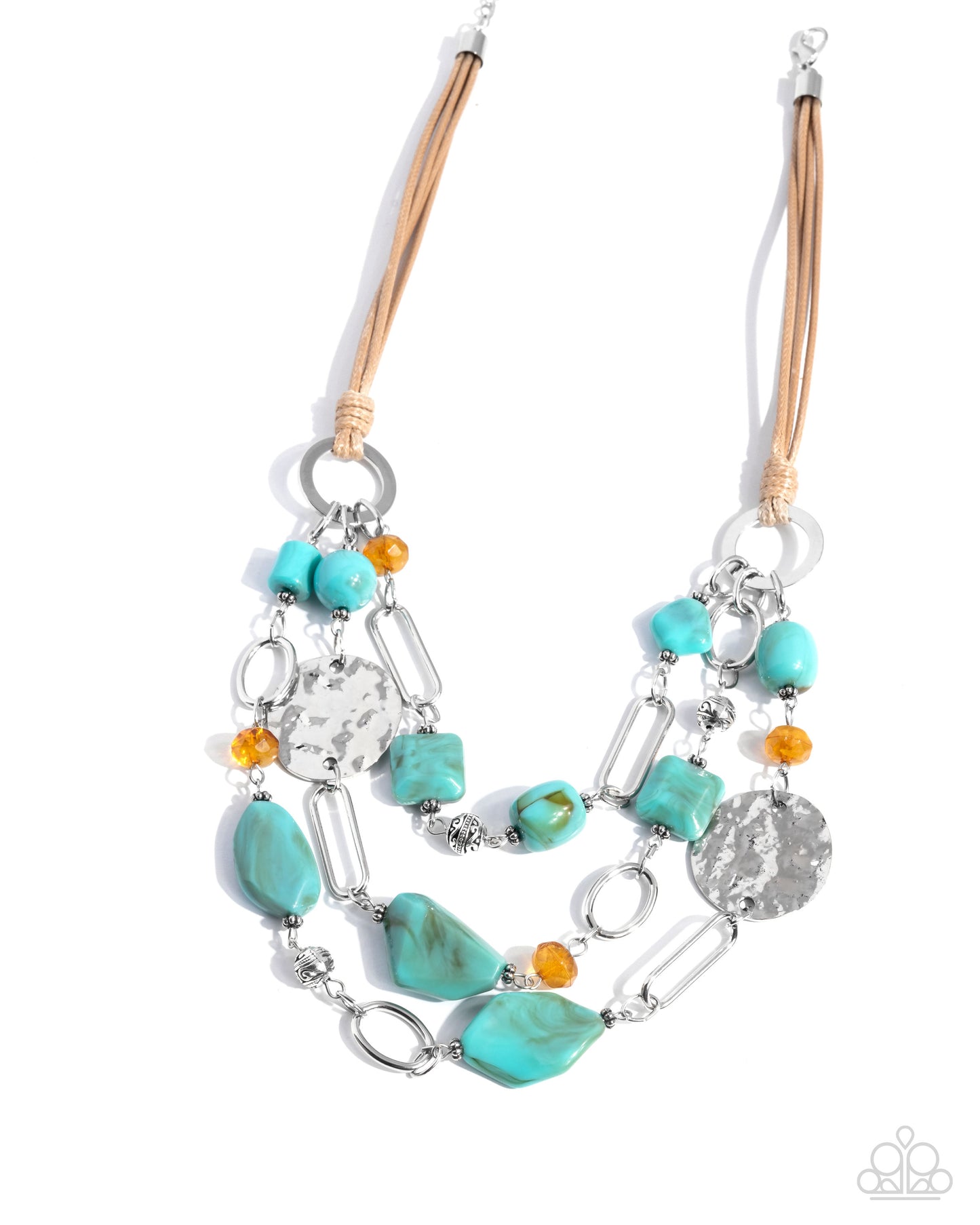 Paparazzi Malibu Media - Blue Turquoise Stone, Silver Hammered Disc Layered Necklace Santa Fe Style
