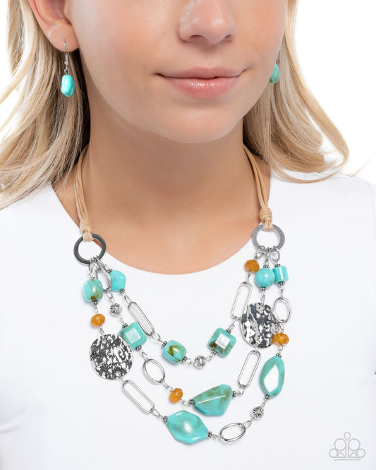 Paparazzi Malibu Media - Blue Turquoise Stone, Silver Hammered Disc Layered Necklace Santa Fe Style