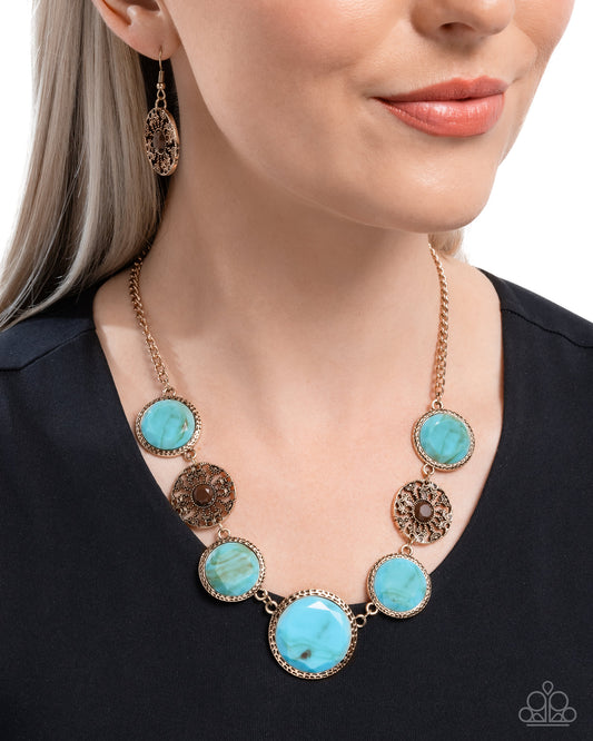 Gentle Glam - Blue Turquoise Stone & Antiqued Gold Frame Santa Fe Style Necklace Paparazzi N3336