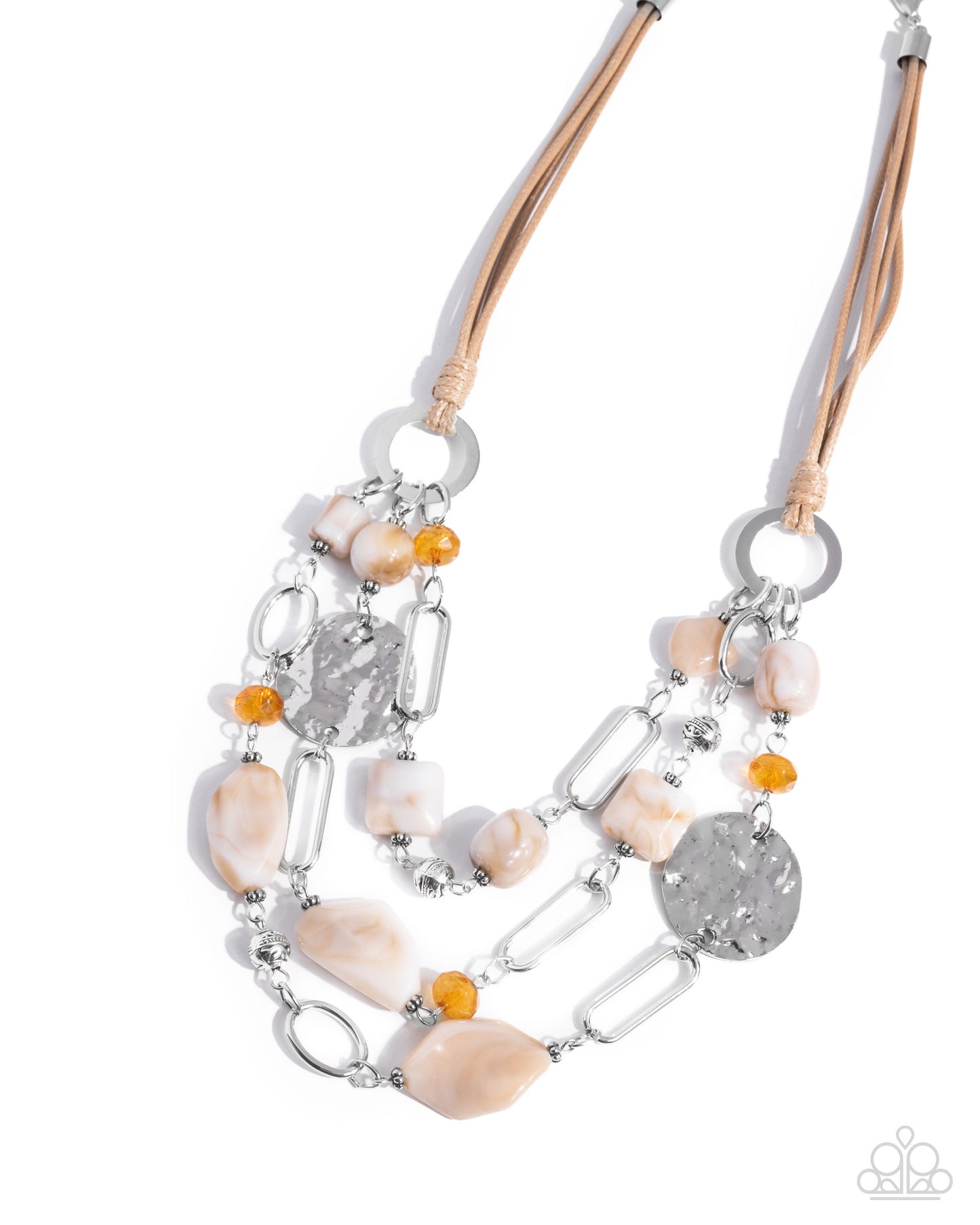 Paparazzi Malibu Media - White Stone, Yellow Bead & Silver Hammered Disc Brown Corded Necklace