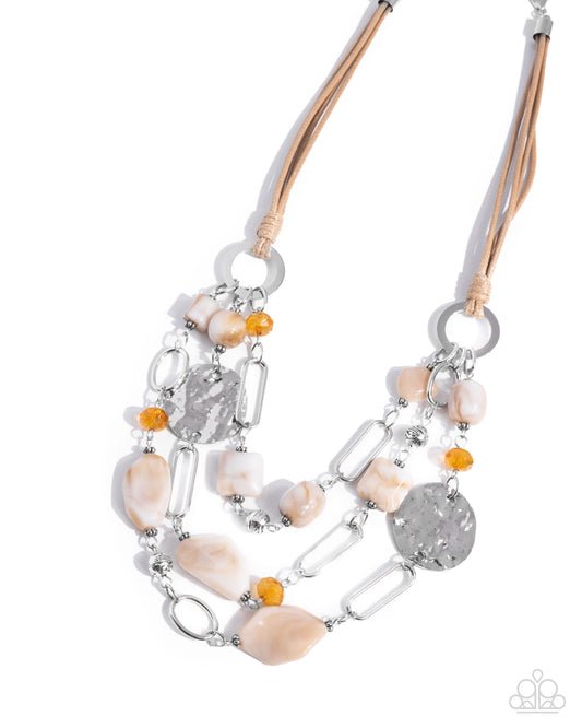 Paparazzi Malibu Media - White Stone, Yellow Bead & Silver Hammered Disc Brown Corded Necklace