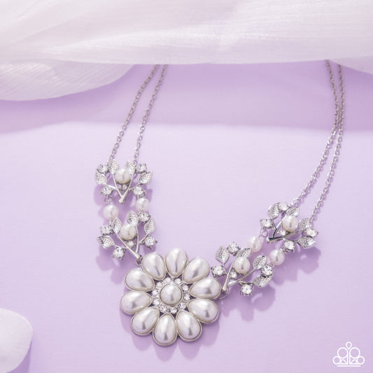 Sprouting Shimmer - White Rhinestone & Pearl Flower Necklace Paparazzi N3271