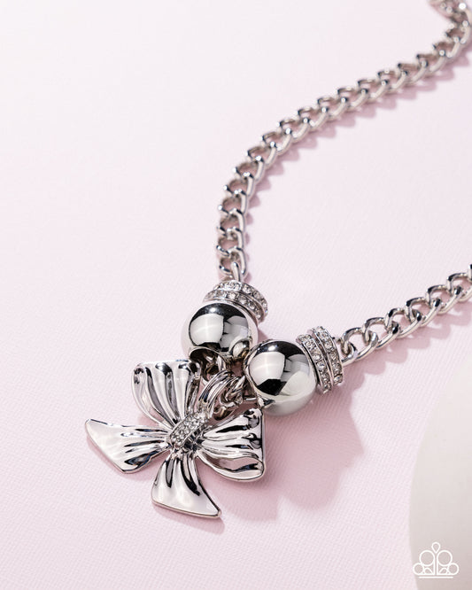 Big Deal Bow - White Rhinestone Silver Bow Necklace Paparazzi N2993