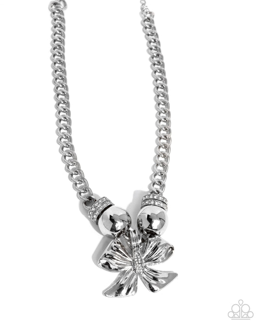 Big Deal Bow - White Rhinestone Silver Bow Necklace Paparazzi N2993