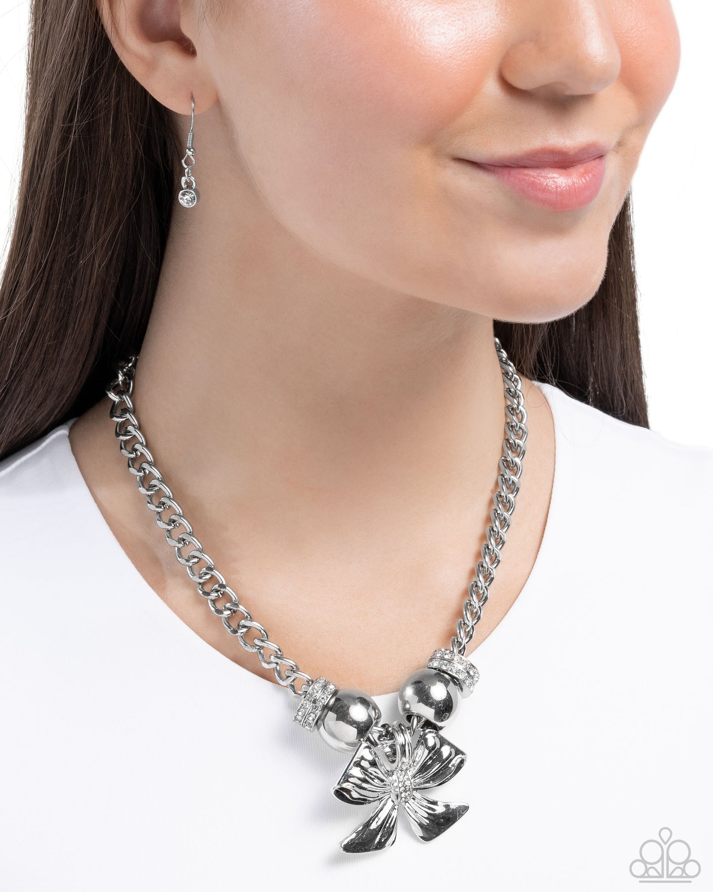 Big Deal Bow - White Rhinestone Silver Bow Necklace Paparazzi N2993