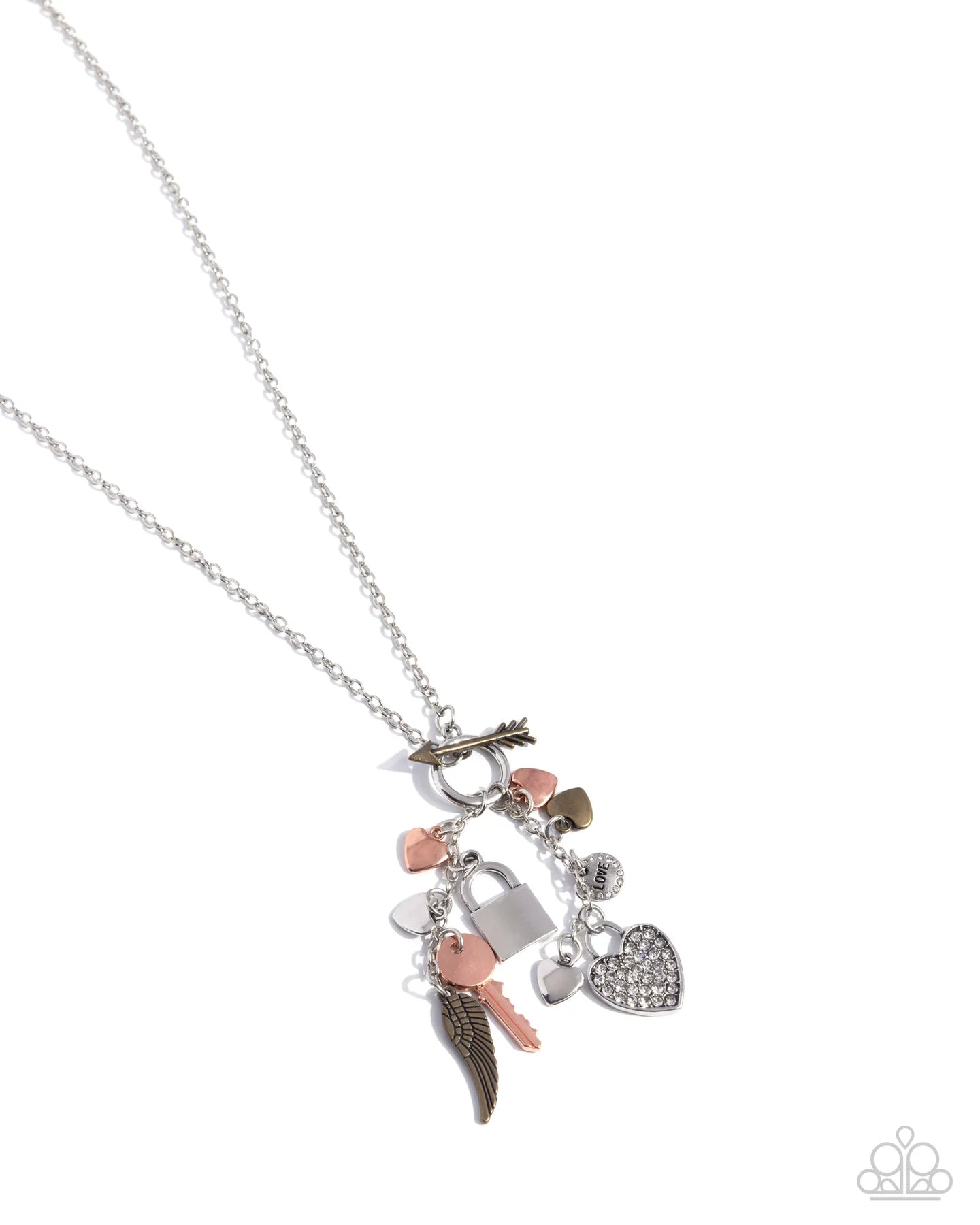 Paparazzi Valentines Venture - Multi Mixed Metal Silver Copper Brass Heart Key Lock Charm Toggle Necklace N3805