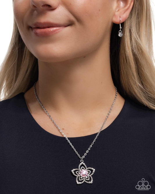 Floral Flow - Pink - Baby Pink Cubic Zirconia Silver Flower Necklace Paparazzi N3446