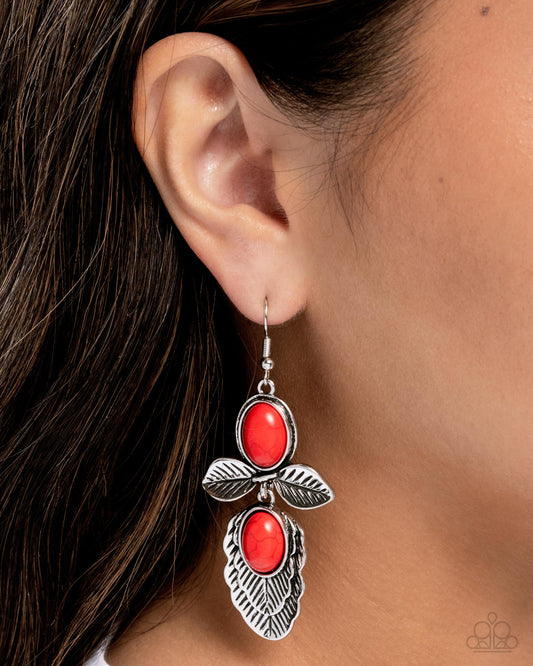 Blooming Bevy - Red Stone Silver Leaf Santa Fe Style Earring Paparazzi