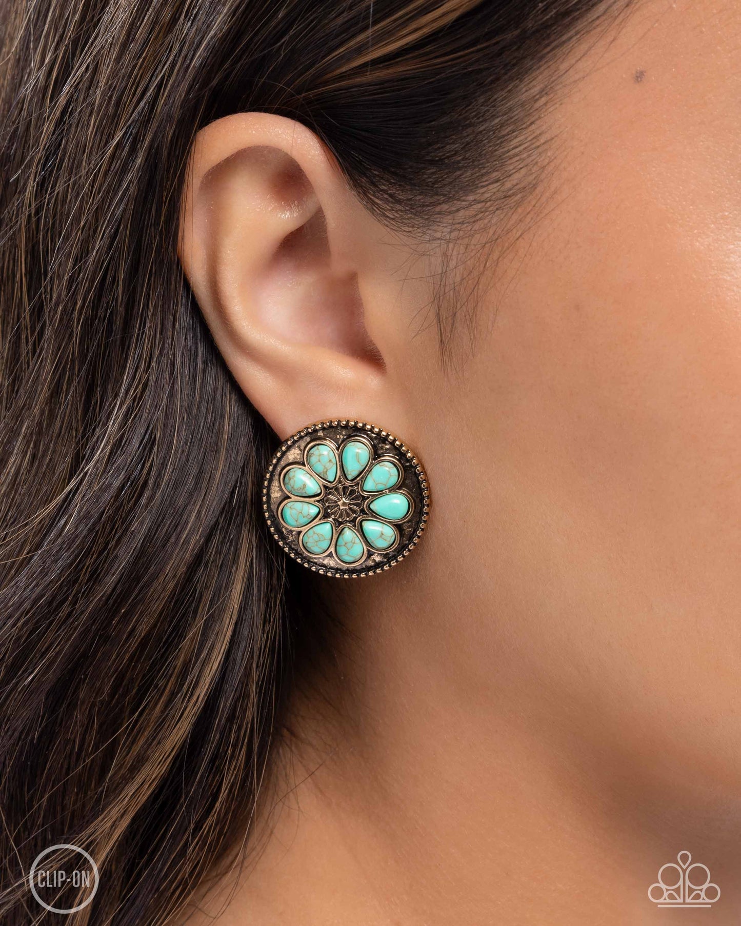 Promising Passage - Gold & Blue Turquoise Stone Floral Vintage Santa Fe Style Clip-On Earring Paparazzi E2640