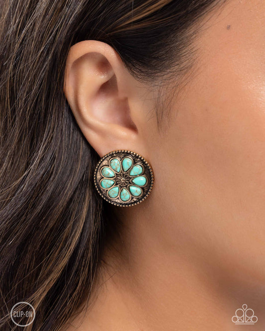 Promising Passage - Gold & Blue Turquoise Stone Floral Vintage Santa Fe Style Clip-On Earring Paparazzi E2640