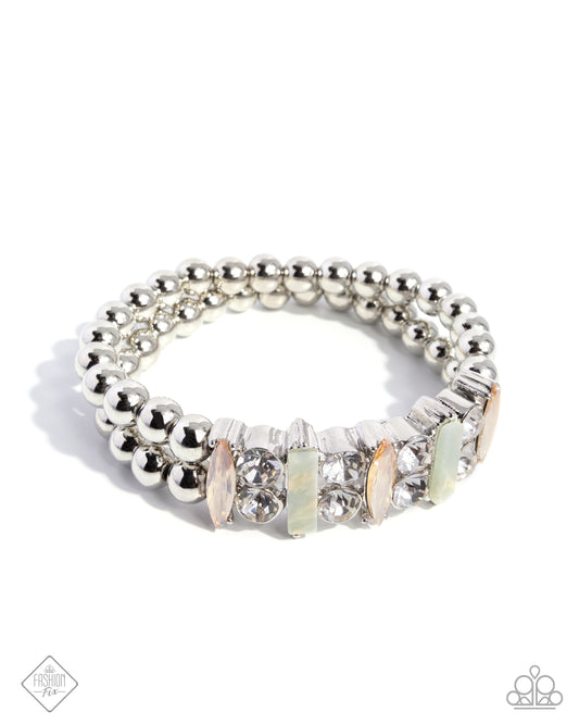 Splendid Shimmer - Multi White Rhinestone, Champagne & Milky Blue Gem Stretch Bracelet Fierely 5th Avenue Fashion Fix January 2025 Paparazzi B2205