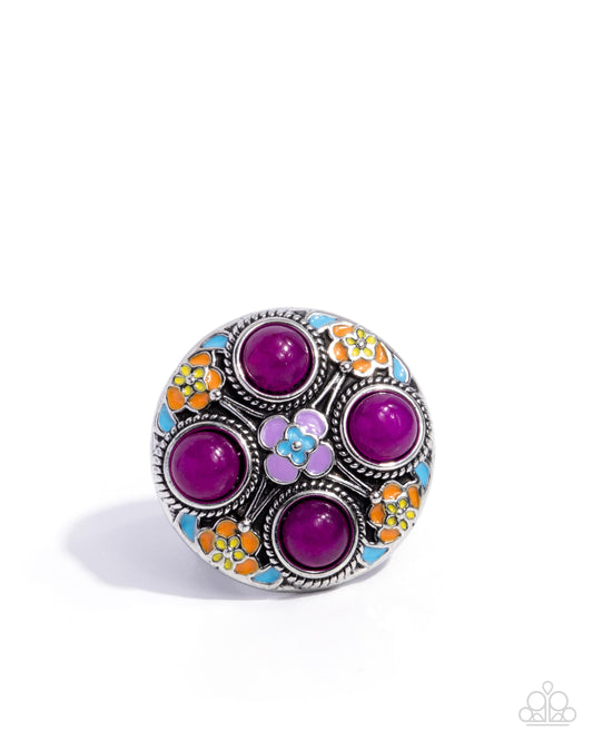 Boho Blueprint - Purple Stone, Painted Orange, Blue, Yellow Purple Floral Ring Paparazzi R1082