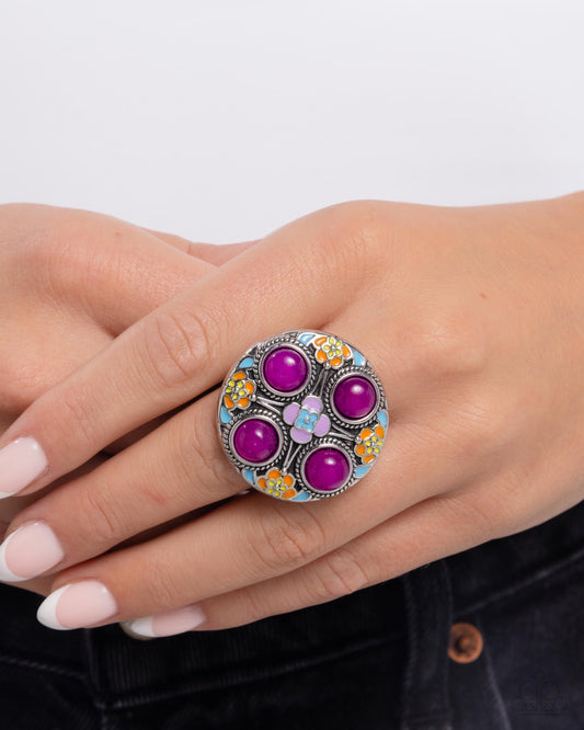 Boho Blueprint - Purple Stone, Painted Orange, Blue, Yellow Purple Floral Ring Paparazzi R1082