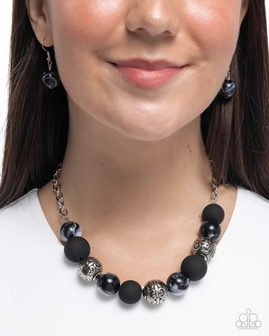 Bewitching Texture - Black Matte, Black Acrylic & Filigree Antiqued Silver Bead Necklace Paparazzi N3571
