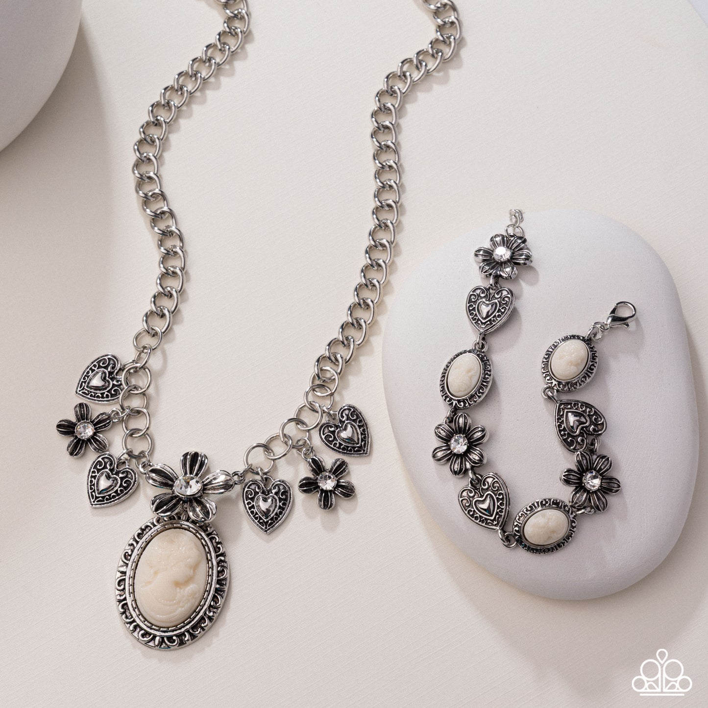Vintage Story White Stone Silver Cameo Style Necklace Paparazzi N3422