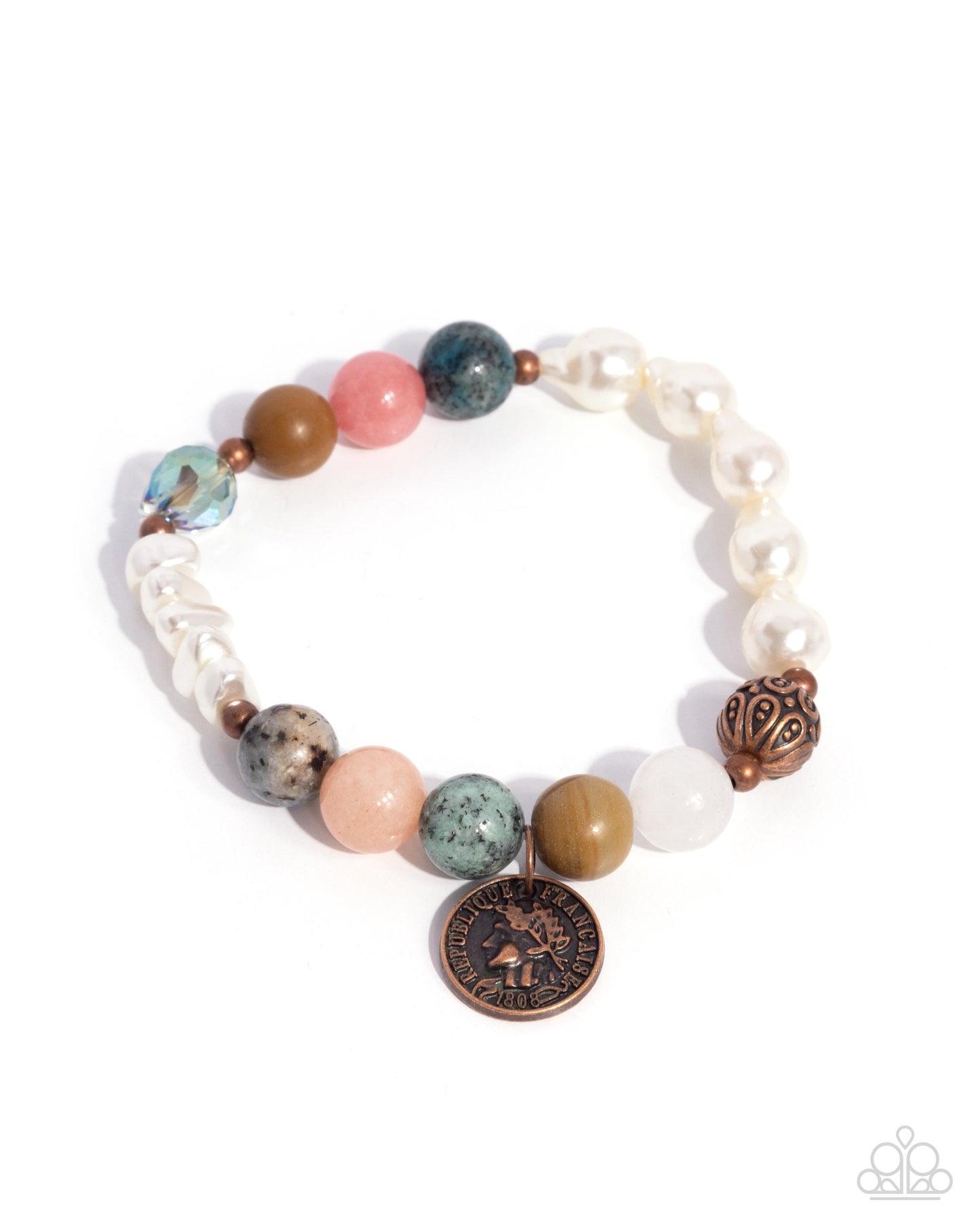 Chic Currency - Copper - Antiqued Copper Coin Detail Natural Stone Bead Stretch Bracelet Paparazzi B2100