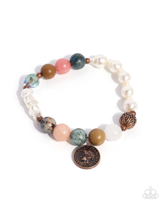 Chic Currency - Copper - Antiqued Copper Coin Detail Natural Stone Bead Stretch Bracelet Paparazzi B2100