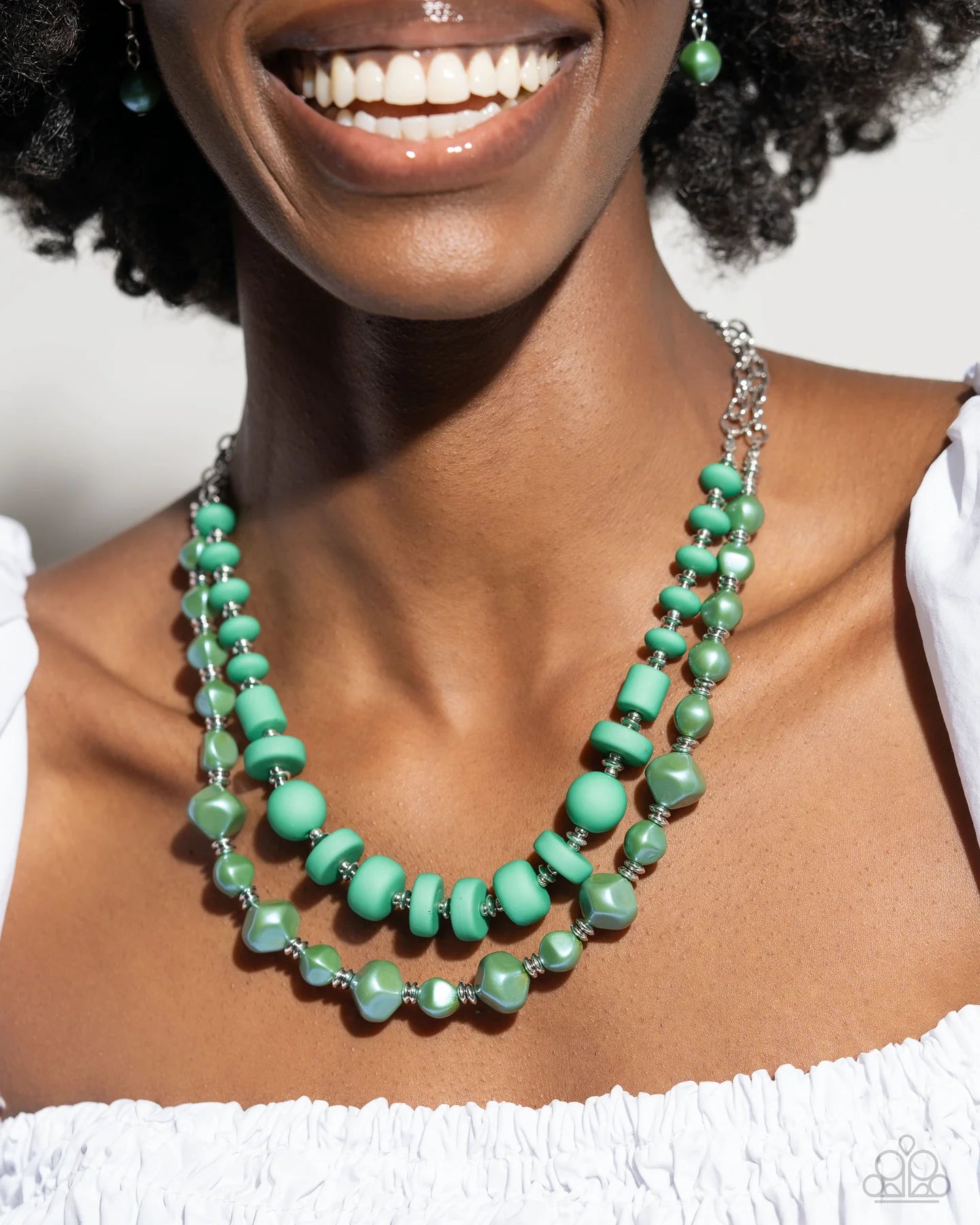 Paparazzi Complete Look - Shape Shifting Sense Green Mint & Silver Bead Necklace & Shape Shifting Season Green Mint Silver Bead Bracelet 2-Piece Set N3810