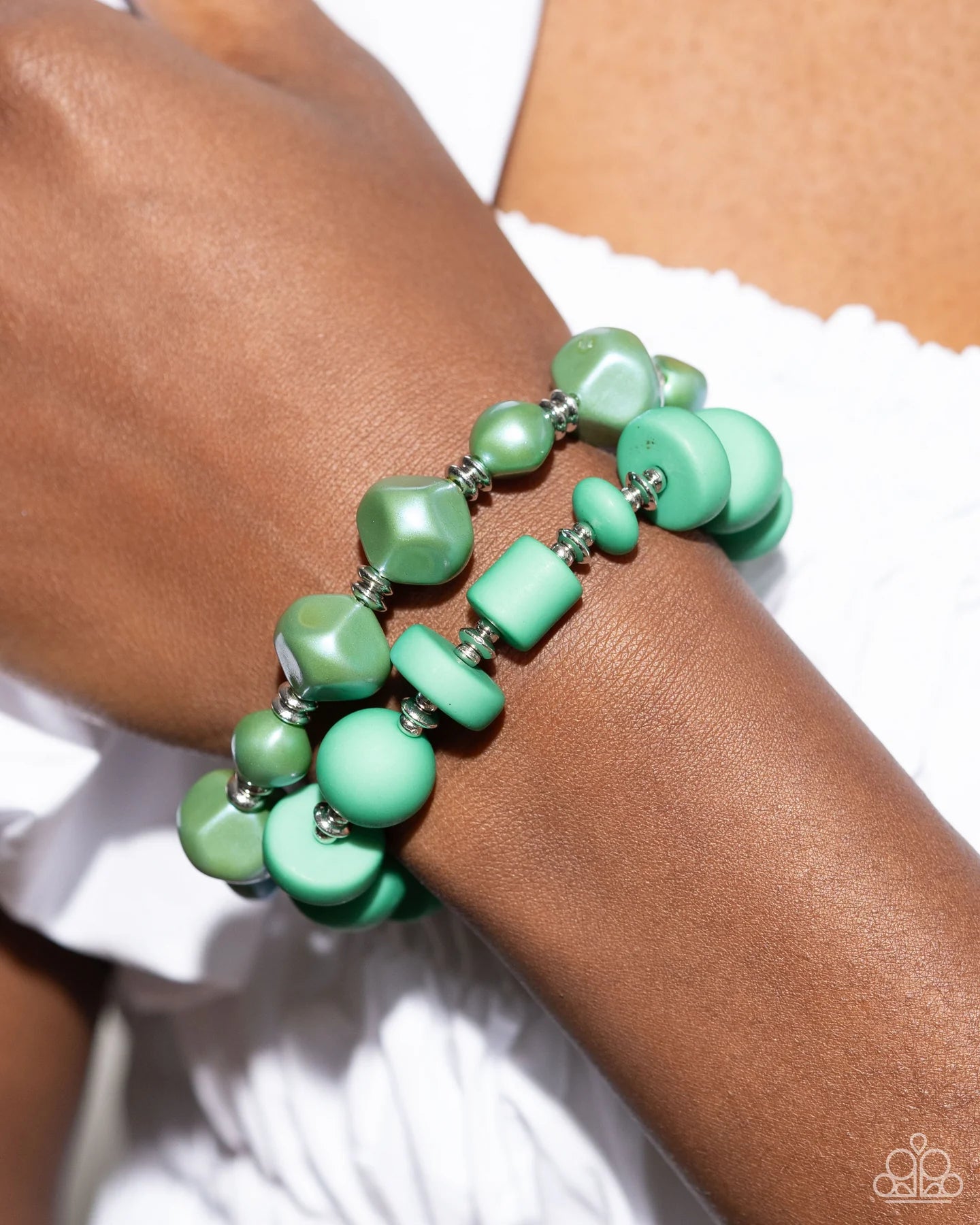 Paparazzi Complete Look - Shape Shifting Sense Green Mint & Silver Bead Necklace & Shape Shifting Season Green Mint Silver Bead Bracelet 2-Piece Set N3810