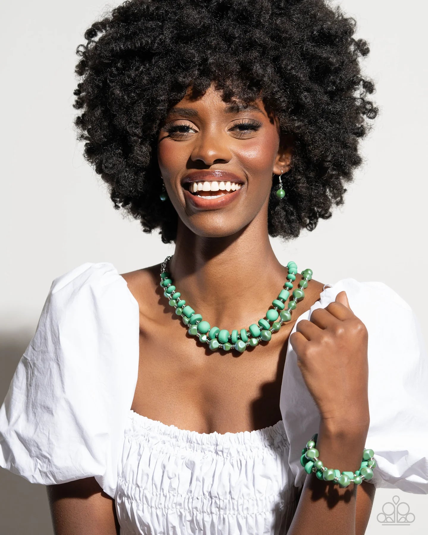 Paparazzi Complete Look - Shape Shifting Sense Green Mint & Silver Bead Necklace & Shape Shifting Season Green Mint Silver Bead Bracelet 2-Piece Set N3810