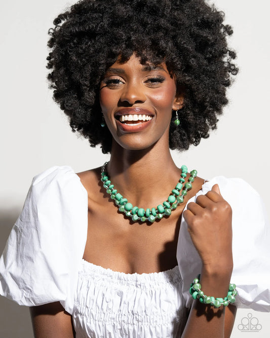 Paparazzi Complete Look - Shape Shifting Sense Green Mint & Silver Bead Necklace & Shape Shifting Season Green Mint Silver Bead Bracelet 2-Piece Set N3810