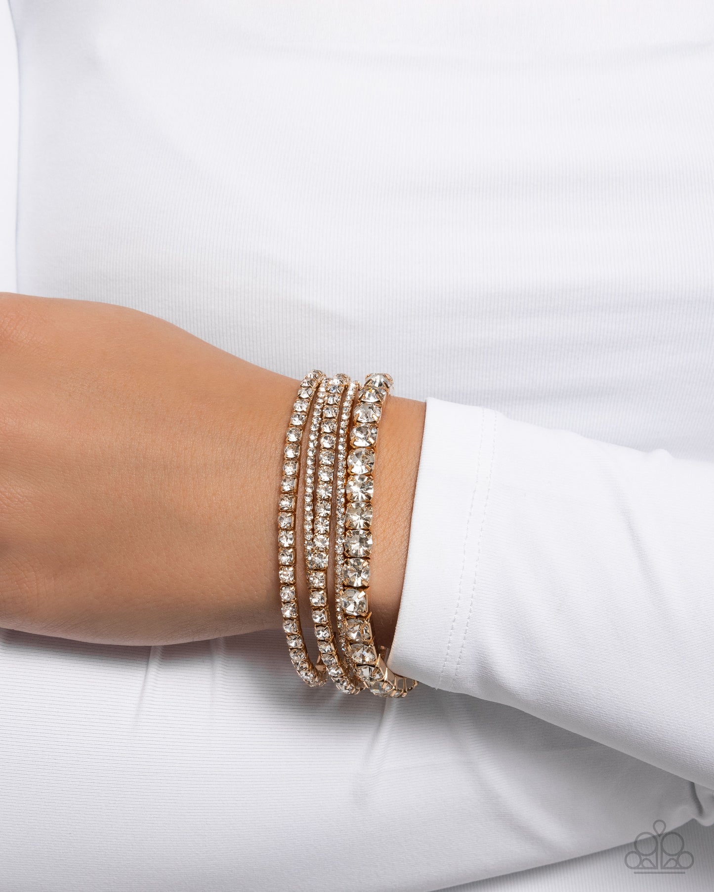 Persistent Pizzazz - Gold & White Rhinestone Stretch Set Of 5 Bracelets Paparazzi B2273